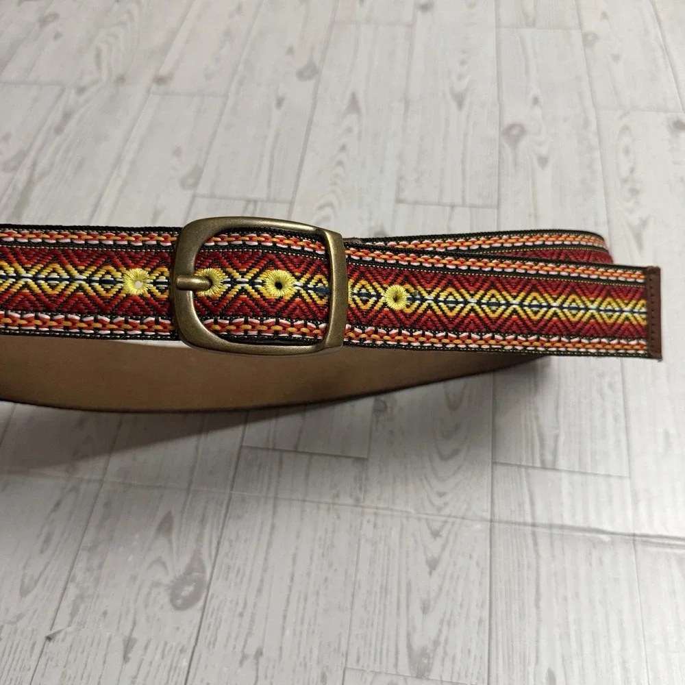 New LUCKY BRAND Embroidered Boho Brown Yellow Black Leather Belt Brass Buckle 32